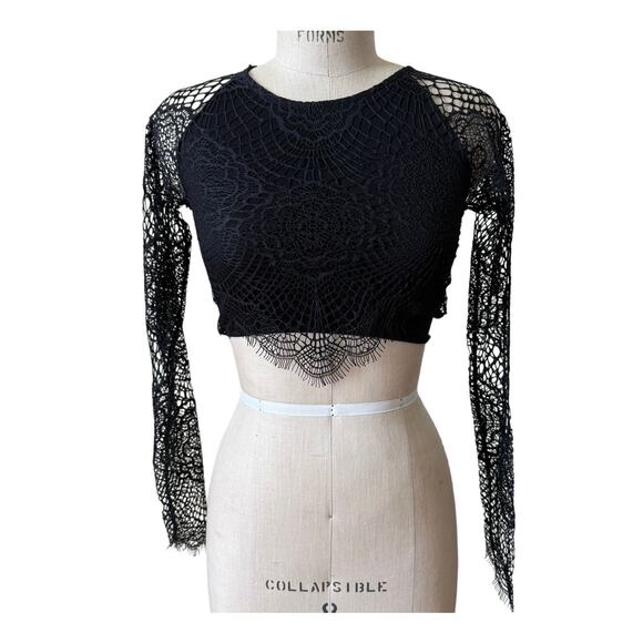 For Love & Lemons Black Lace Long Sleeve Crop Top Size X-Small XS - Picture 1 of 4